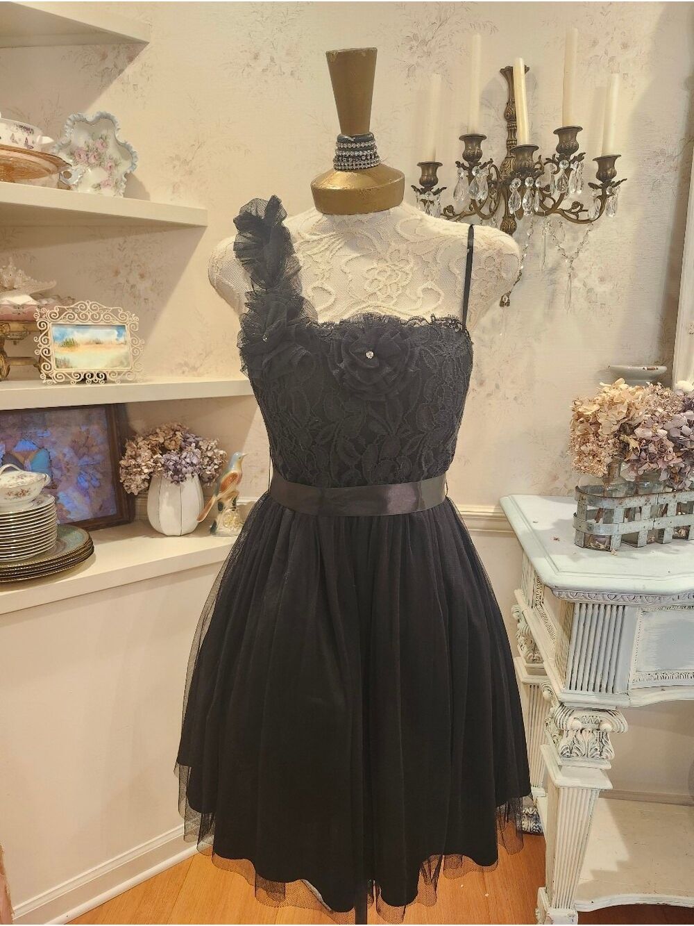 Jodi Kristopher Black One Shoulder Y2K Lace Tulle Homecoming Party Dress Size 9